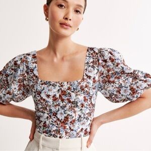 Abercrombie & Fitch Floral Puff Sleeve Shine Cotton Squareneck Top